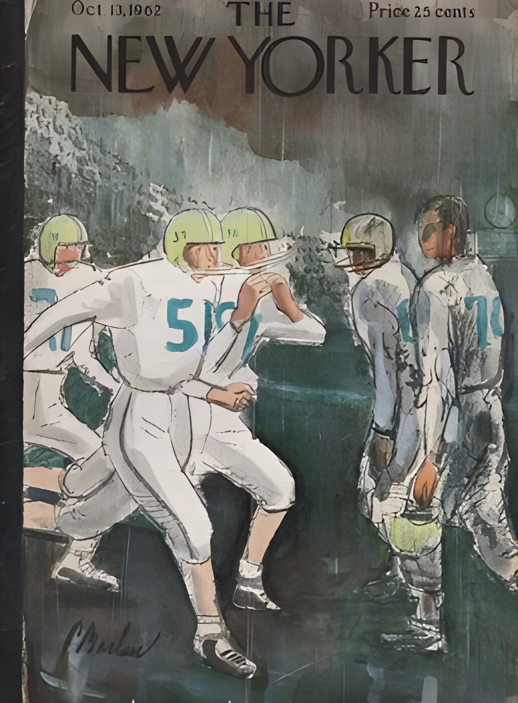 ORIGINAL VINTAGE MAGAZINE COVER:  New Yorker  Oct. 13 1962 - Football players in the rainby: Perry Barlow (Illust.)