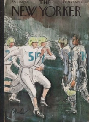 ORIGINAL VINTAGE MAGAZINE COVER:  New Yorker  Oct. 13 1962 - Football players in the rainby: Perry Barlow (Illust.)