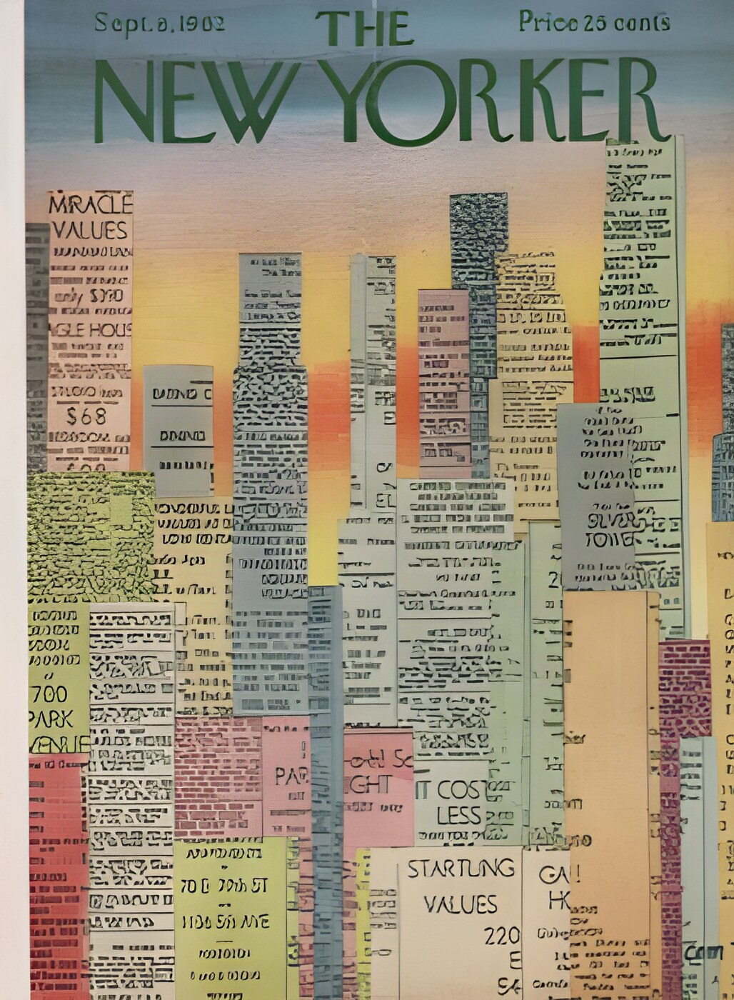 ORIGINAL VINTAGE MAGAZINE COVER:  New Yorker Sept. 8 1962 city buildings made from apartment adsby: Charles E. Martin (Illust.)