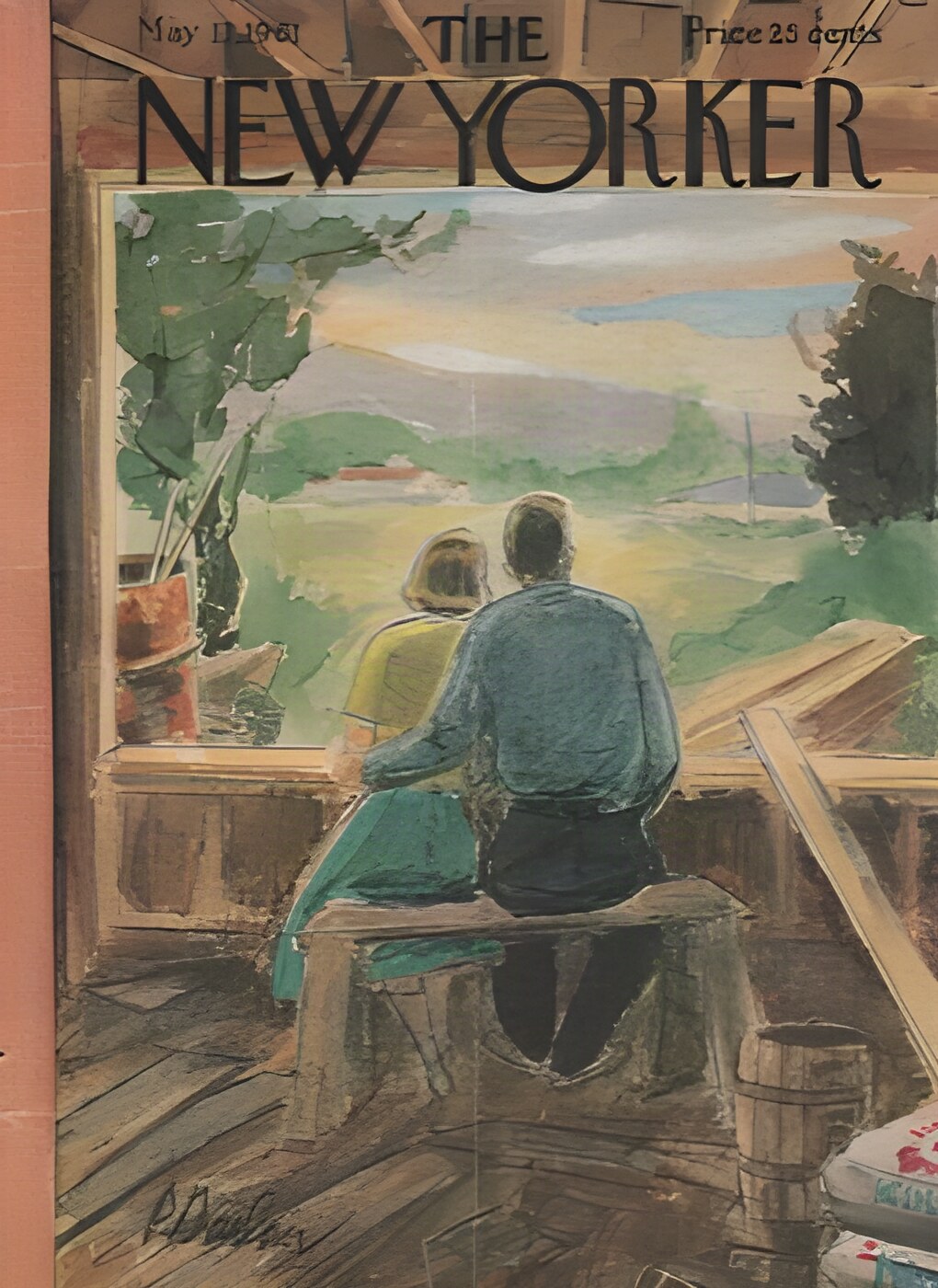 ORIGINAL VINTAGE MAGAZINE COVER:  New Yorker May 13 1961 - Couple gazing out window of their unfinished homeby: Perry Barlow (Illust.)