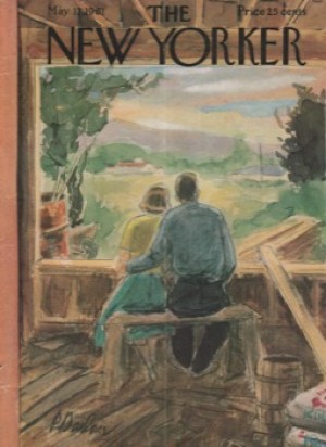 ORIGINAL VINTAGE MAGAZINE COVER:  New Yorker May 13 1961 - Couple gazing out window of their unfinished homeby: Perry Barlow (Illust.)