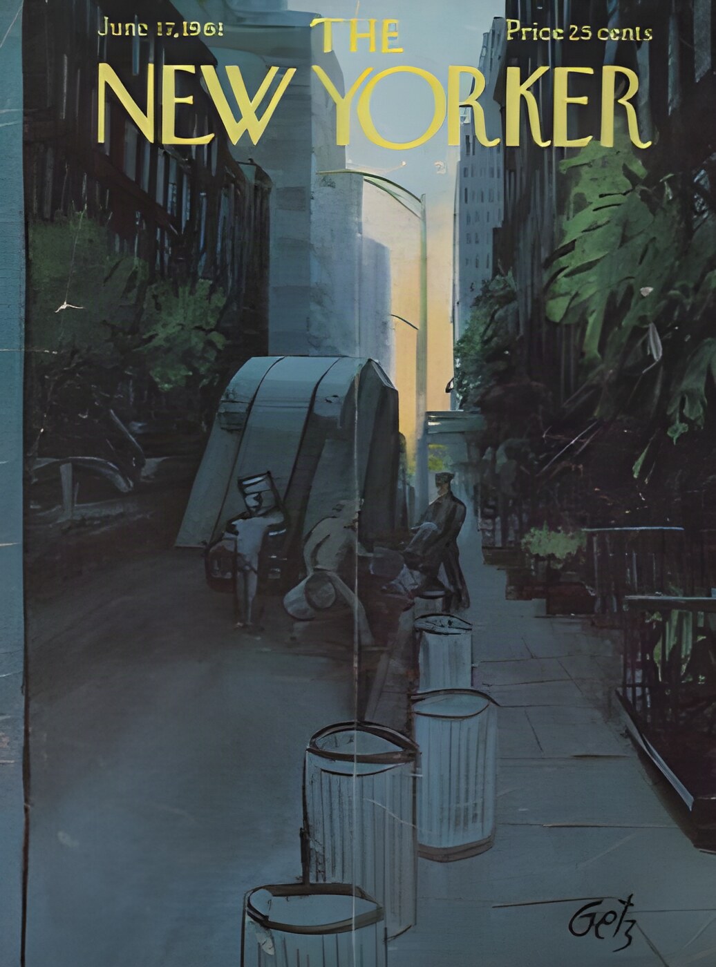 ORIGINAL VINTAGE MAGAZINE COVER:  New Yorker June 17 1961 - Trash pickup at dawnby: Arthur Getz (Illust.)