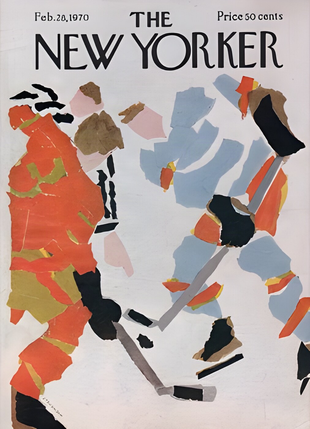 ORIGINAL VINTAGE MAGAZINE COVER:  New Yorker Feb. 28 1970 - Hockey Face-off   by: James Stevenson (Illust.)