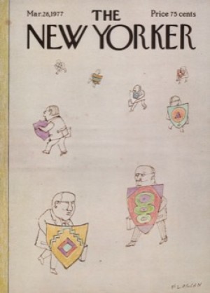 ORIGINAL VINTAGE MAGAZINE COVER:  New Yorker Mar. 28 1977 Businessmen with shields     by: Douglas Florian (Illust.)