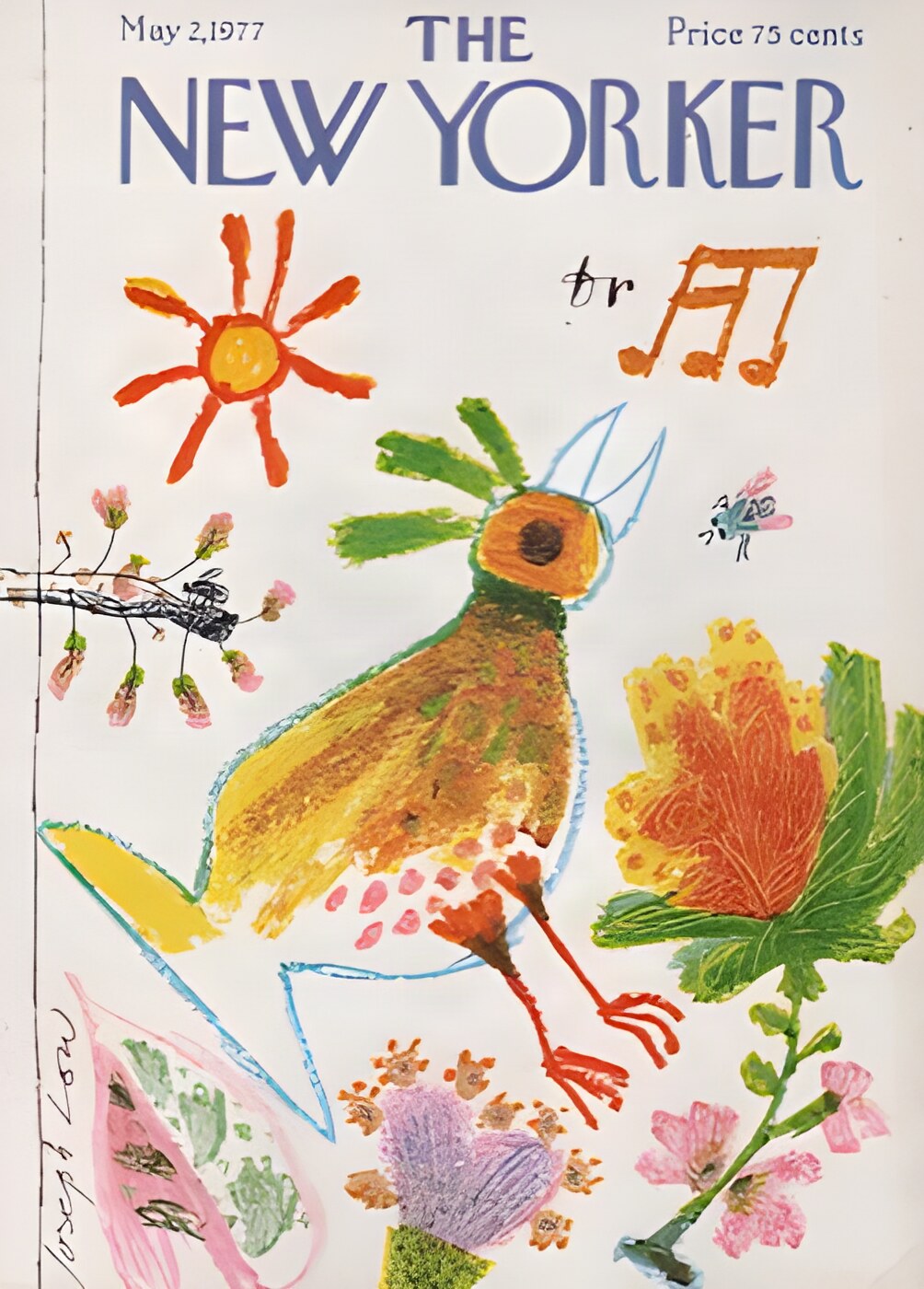 ORIGINAL VINTAGE MAGAZINE COVER:  New Yorker May 2 1977 - Singing birdby: Joseph Low (Illust.)