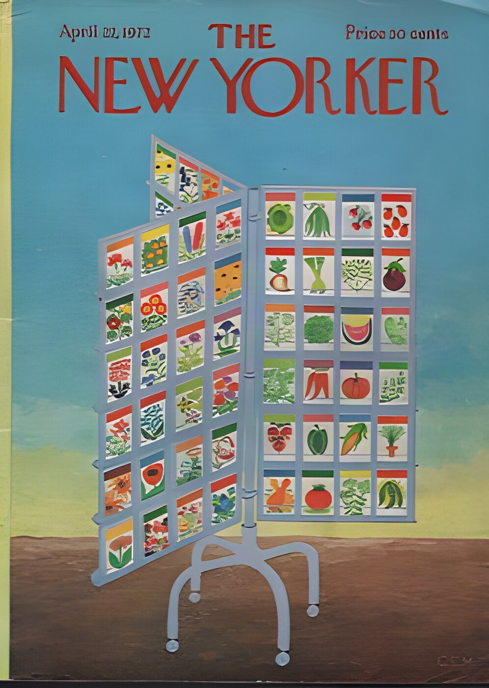 ORIGINAL VINTAGE MAGAZINE COVER:  New Yorker April 22 1972 - Seed packages    by: Charles E. Martin (Illust.)