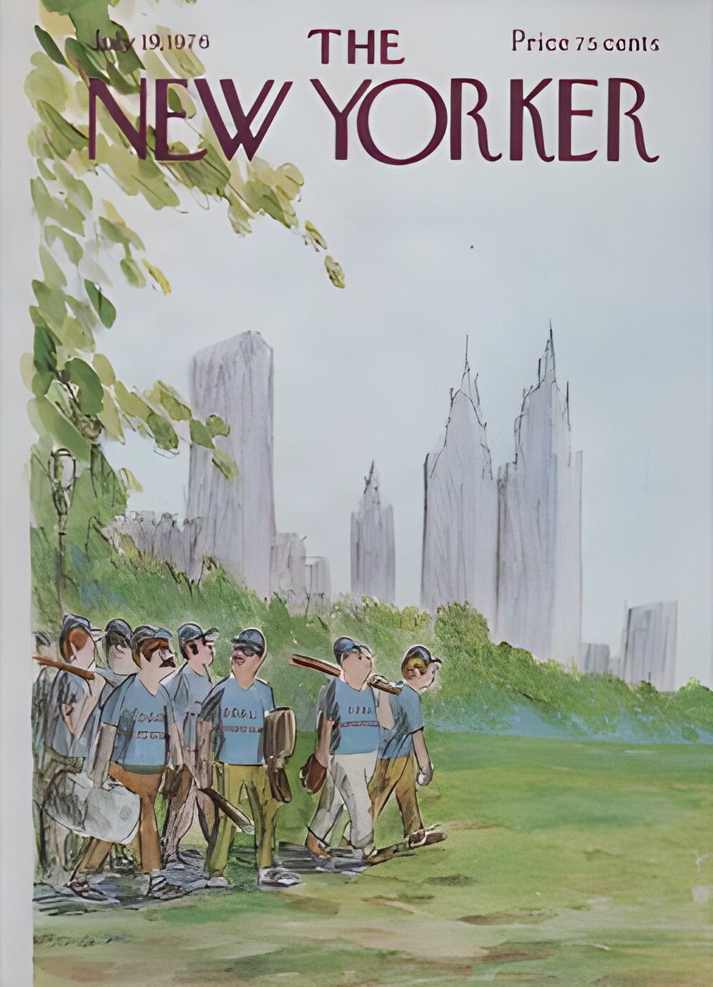 ORIGINAL VINTAGE MAGAZINE COVER:  New Yorker July 19 1976 - Baseball team in park    by: James Stevenson (Illust.)