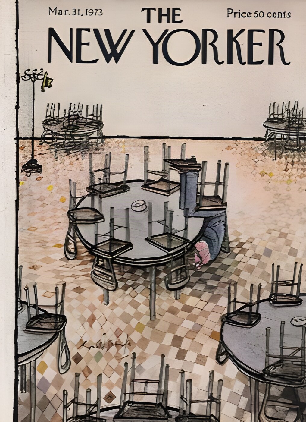 ORIGINAL VINTAGE MAGAZINE COVER:  New Yorker Mar. 31 1973 - Chairs on tables   by: Ronald Searle (Illust.)