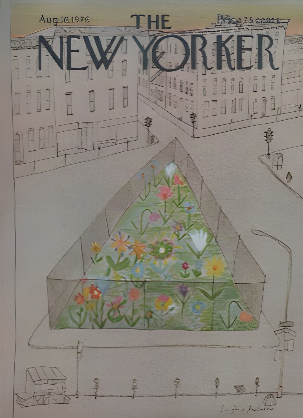 ORIGINAL VINTAGE MAGAZINE COVER:  New Yorker Aug. 16 1976 - Traffic island garden  by: Eugene Mihaesco (Illust.)