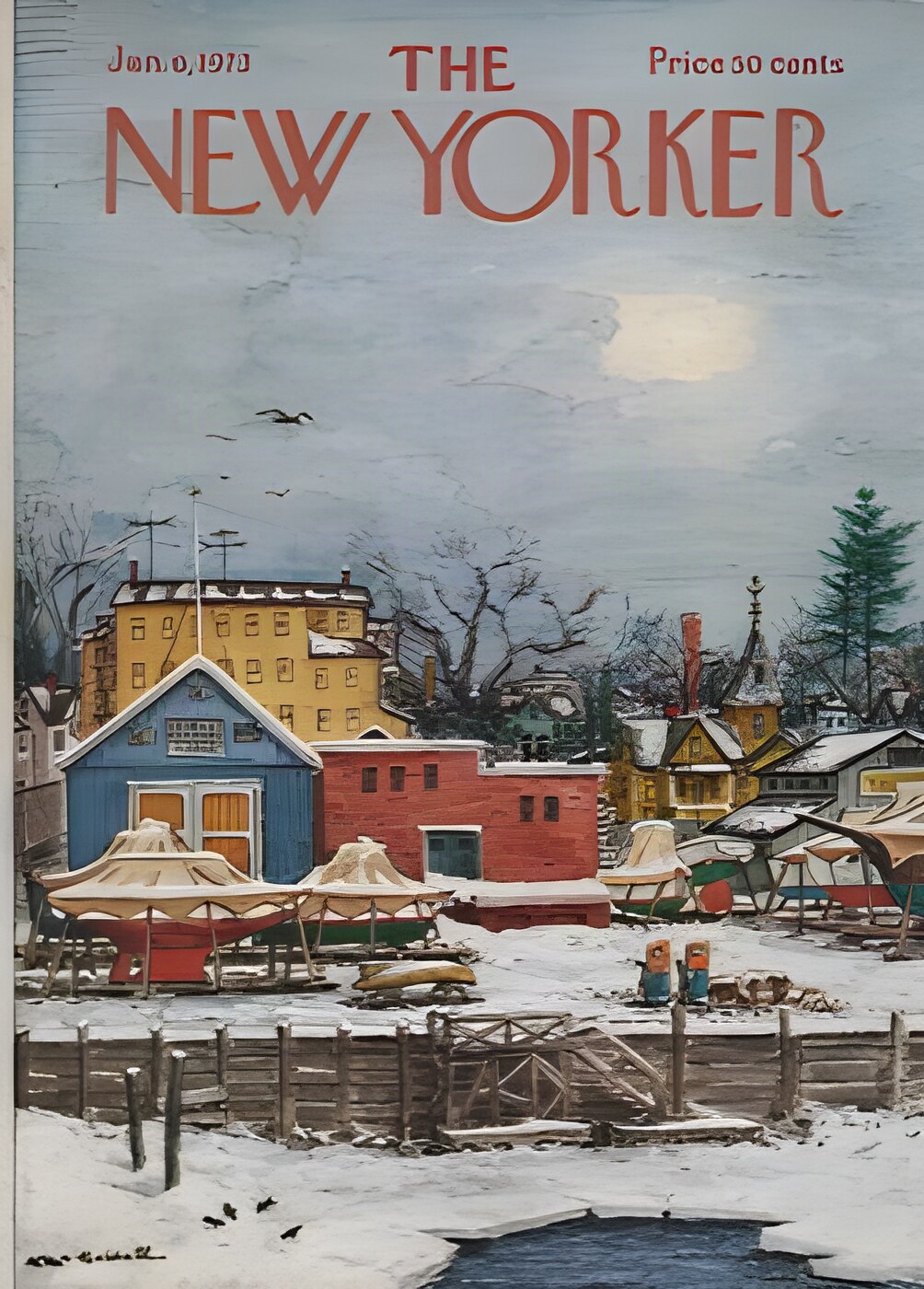 ORIGINAL VINTAGE MAGAZINE COVER:  New Yorker Jan. 6 1973 - Marina in winter   by: Albert Hubbell (Illust.)