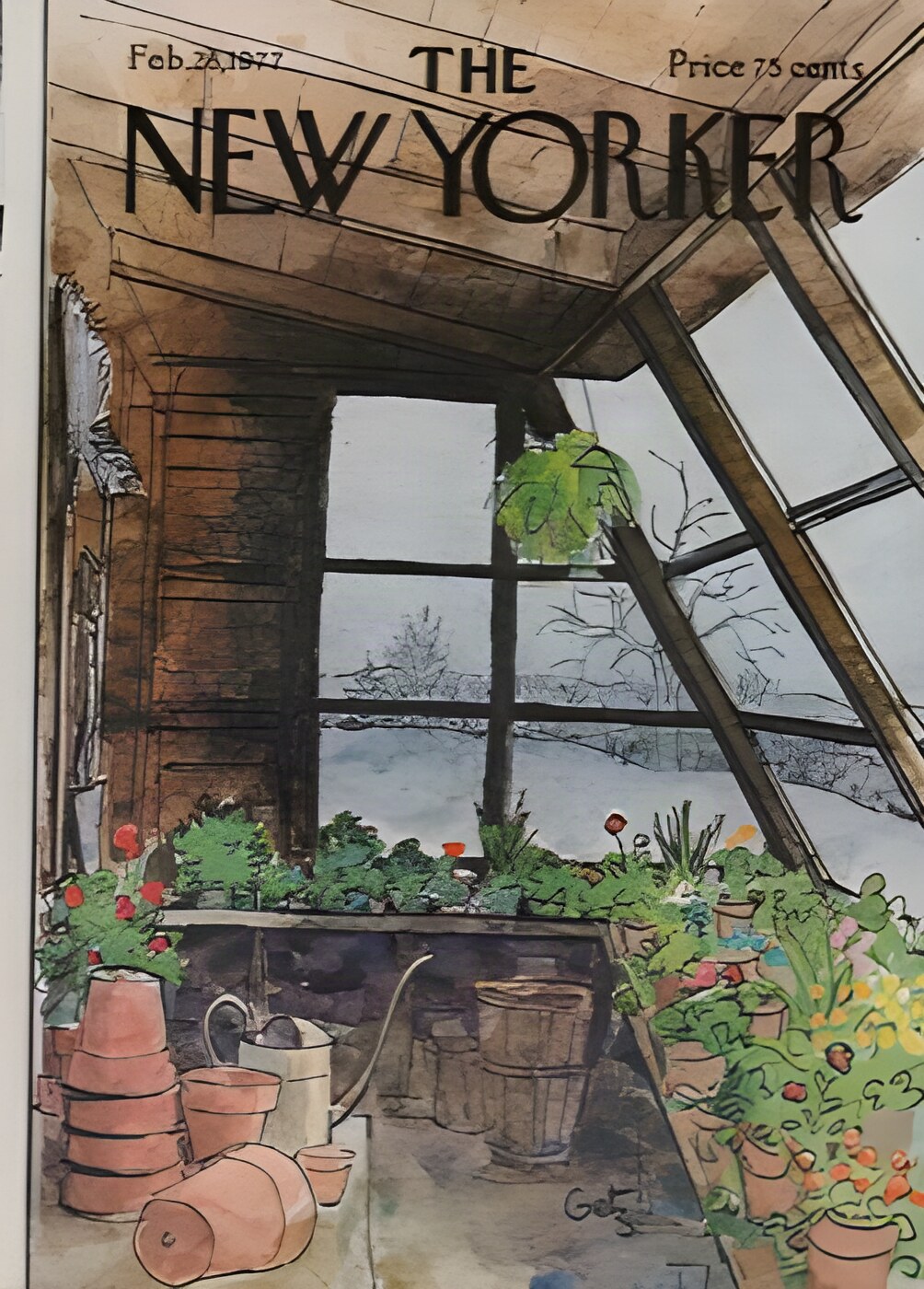 ORIGINAL VINTAGE MAGAZINE COVER:  New Yorker Feb. 28 1977 - Greenhouse in winter   by: Arthur Getz (Illust.)