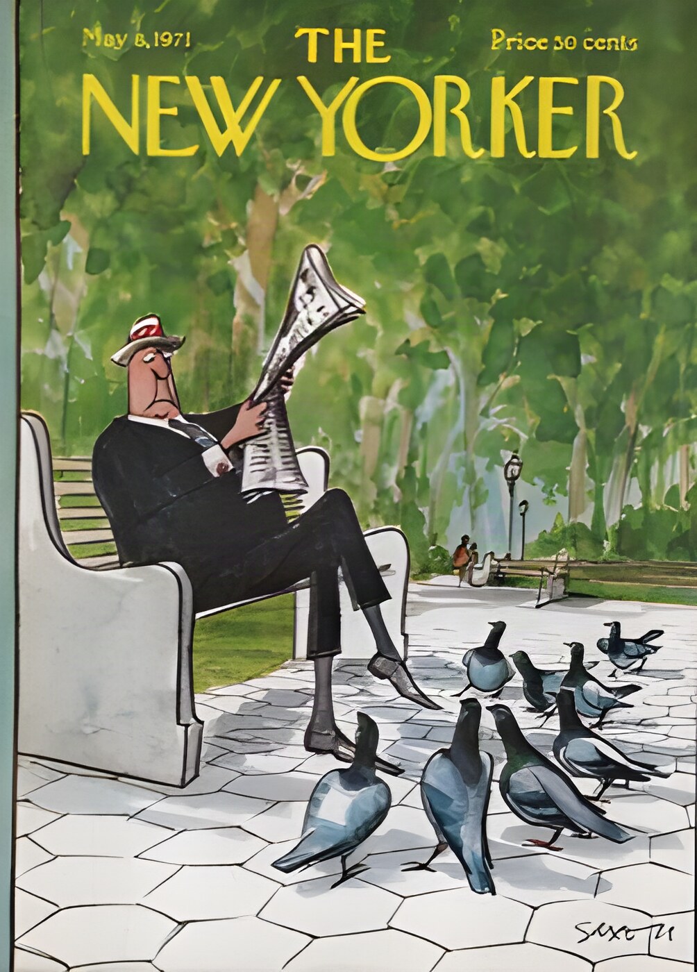 ORIGINAL VINTAGE MAGAZINE COVER:  New Yorker May 8 1971 - Pigeons vs. man  by: Charles Saxon (Illust.)