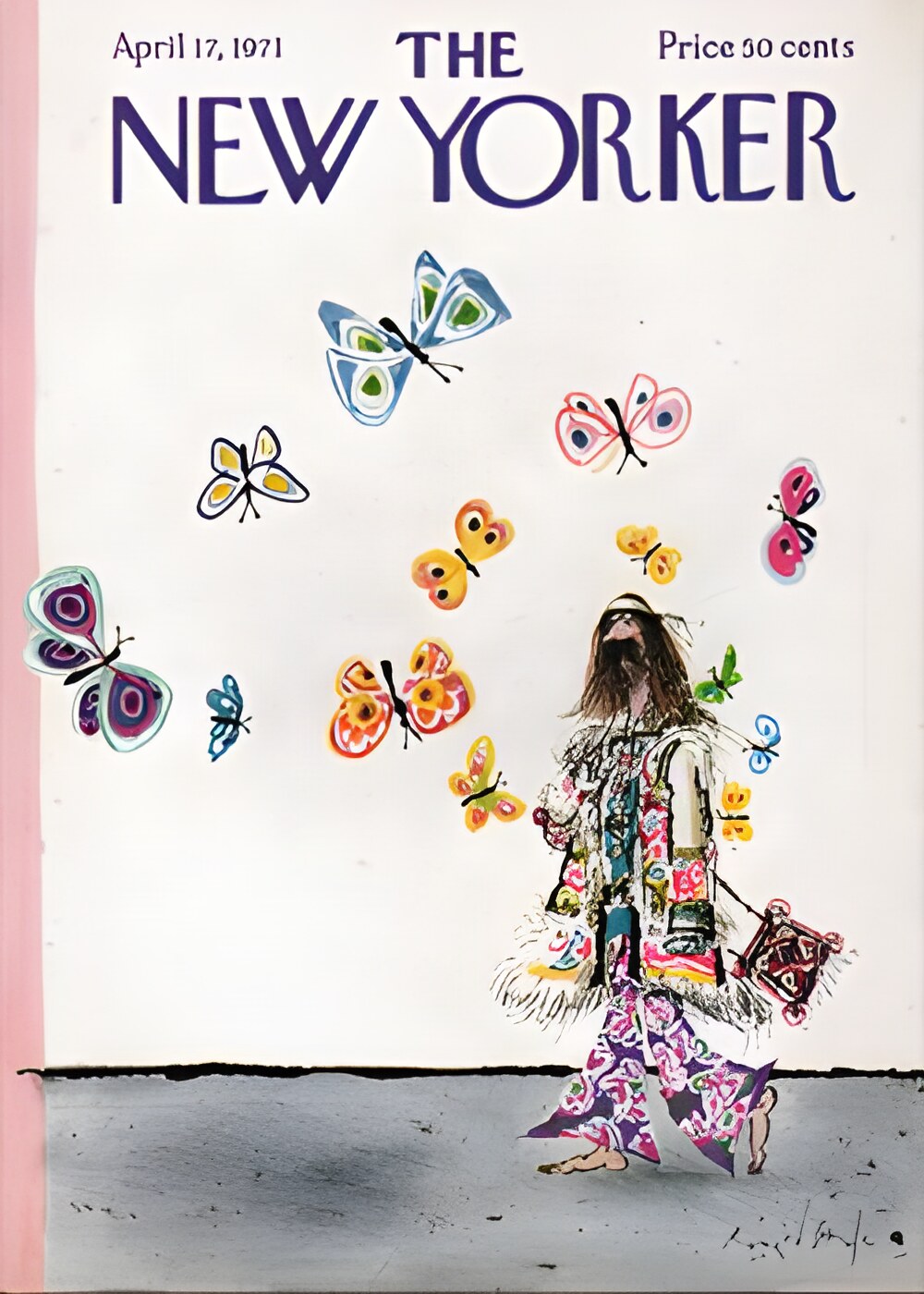 ORIGINAL VINTAGE MAGAZINE COVER:  New Yorker April 17 1971 - Butterflies and hippie   by: Ronald Searle (Illust.)