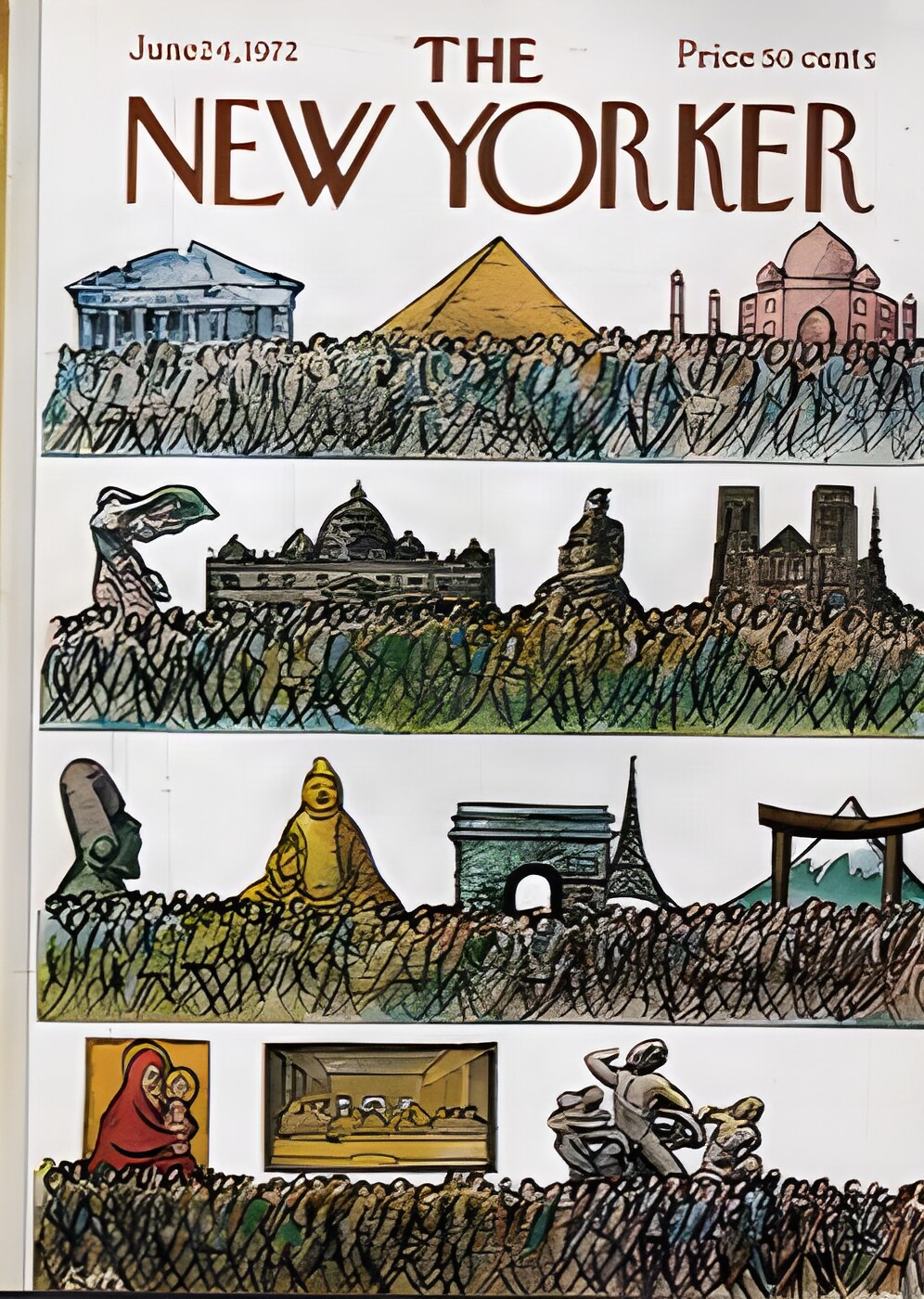 ORIGINAL VINTAGE MAGAZINE COVER:  New Yorker June 24 1972 - Tourist crowds   by: Arthur Getz (Illust.)