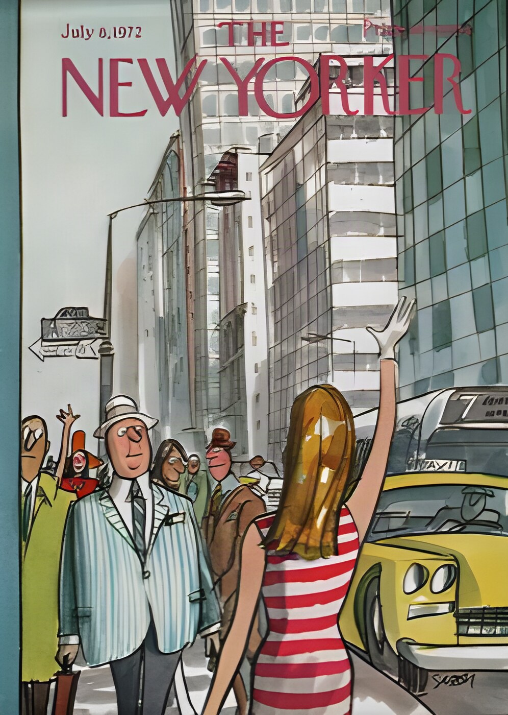 ORIGINAL VINTAGE MAGAZINE COVER:  New Yorker July 8 1972 - Pretty woman waving  by: Charles Saxon (Illust.)