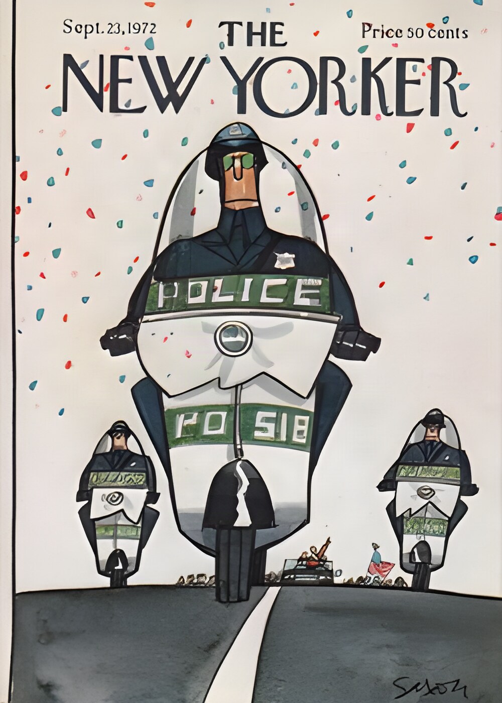 ORIGINAL VINTAGE MAGAZINE COVER:  New Yorker Sept. 23 1972 - Police escort   by: Charles Saxon (Illust.) 