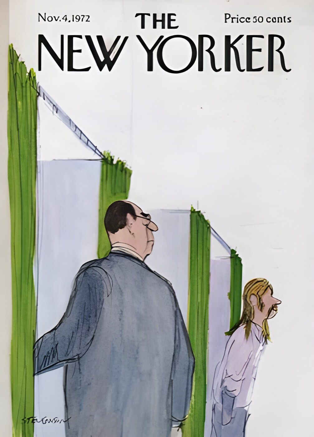 ORIGINAL VINTAGE MAGAZINE COVER:  New Yorker Nov. 4 1972 - Voting booths    by: James Stevenson (Illust.)