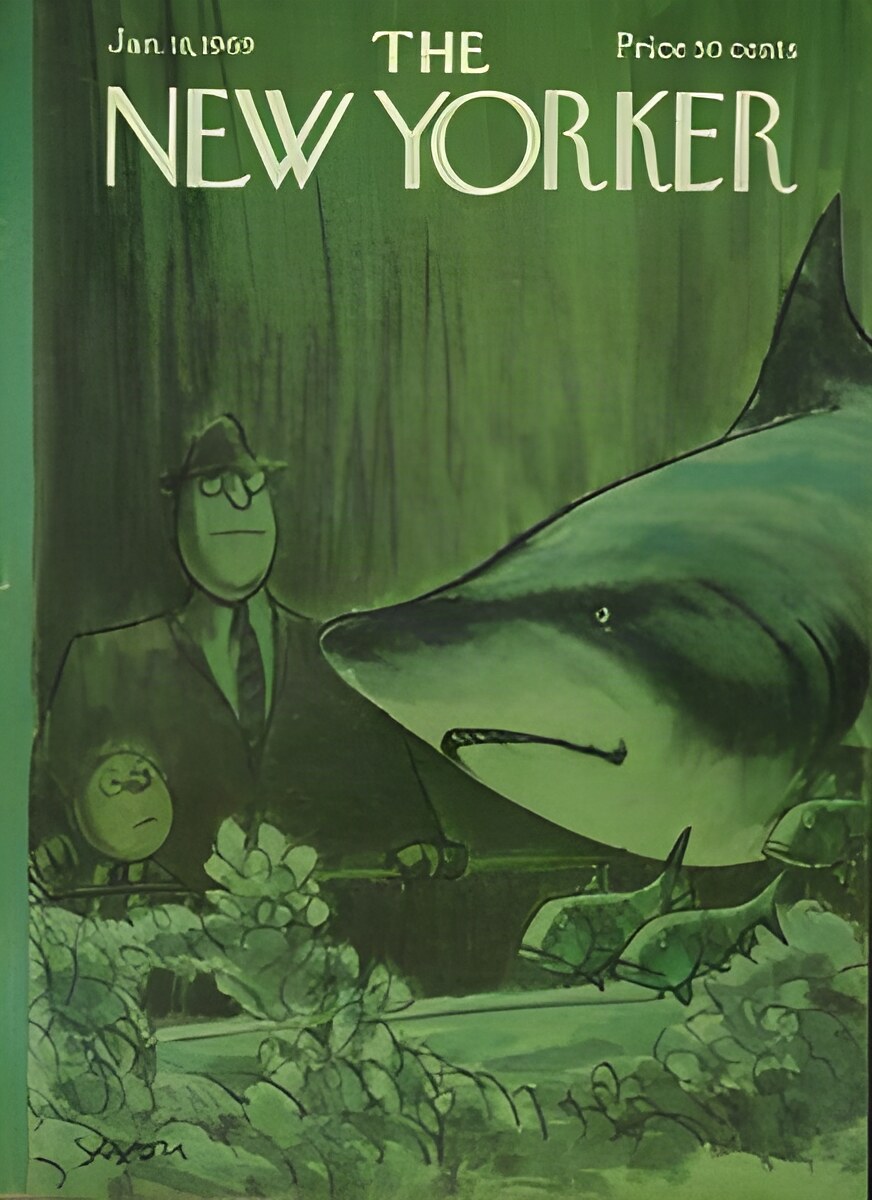 ORIGINAL VINTAGE MAGAZINE COVER:  New Yorker Jan. 18 1969 - Shark tank  by: Charles Saxon (Illust.)