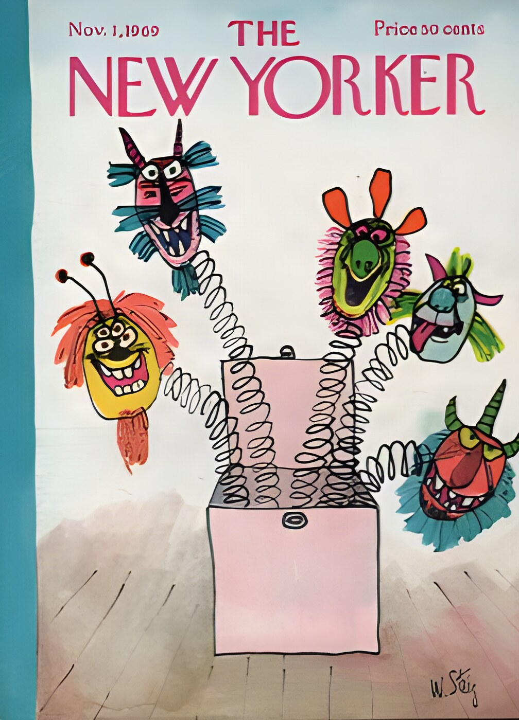 ORIGINAL VINTAGE MAGAZINE COVER:  New Yorker Nov. 1 1969 - Scary jack-in-the-box     by: William Steig (Illust.)