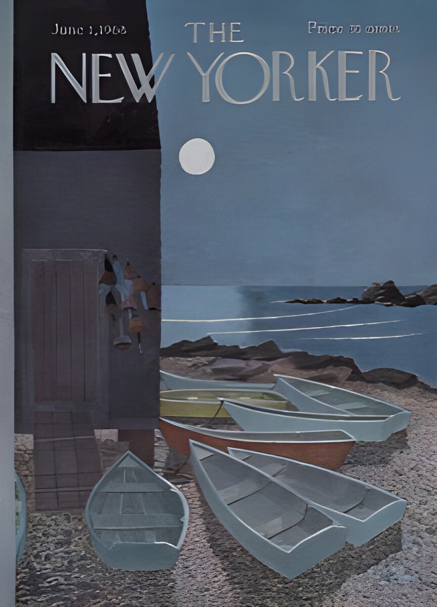ORIGINAL VINTAGE MAGAZINE COVER:  New Yorker June 1 1968 - Boats in moonlight     by: Charles E. Martin (Illust.)