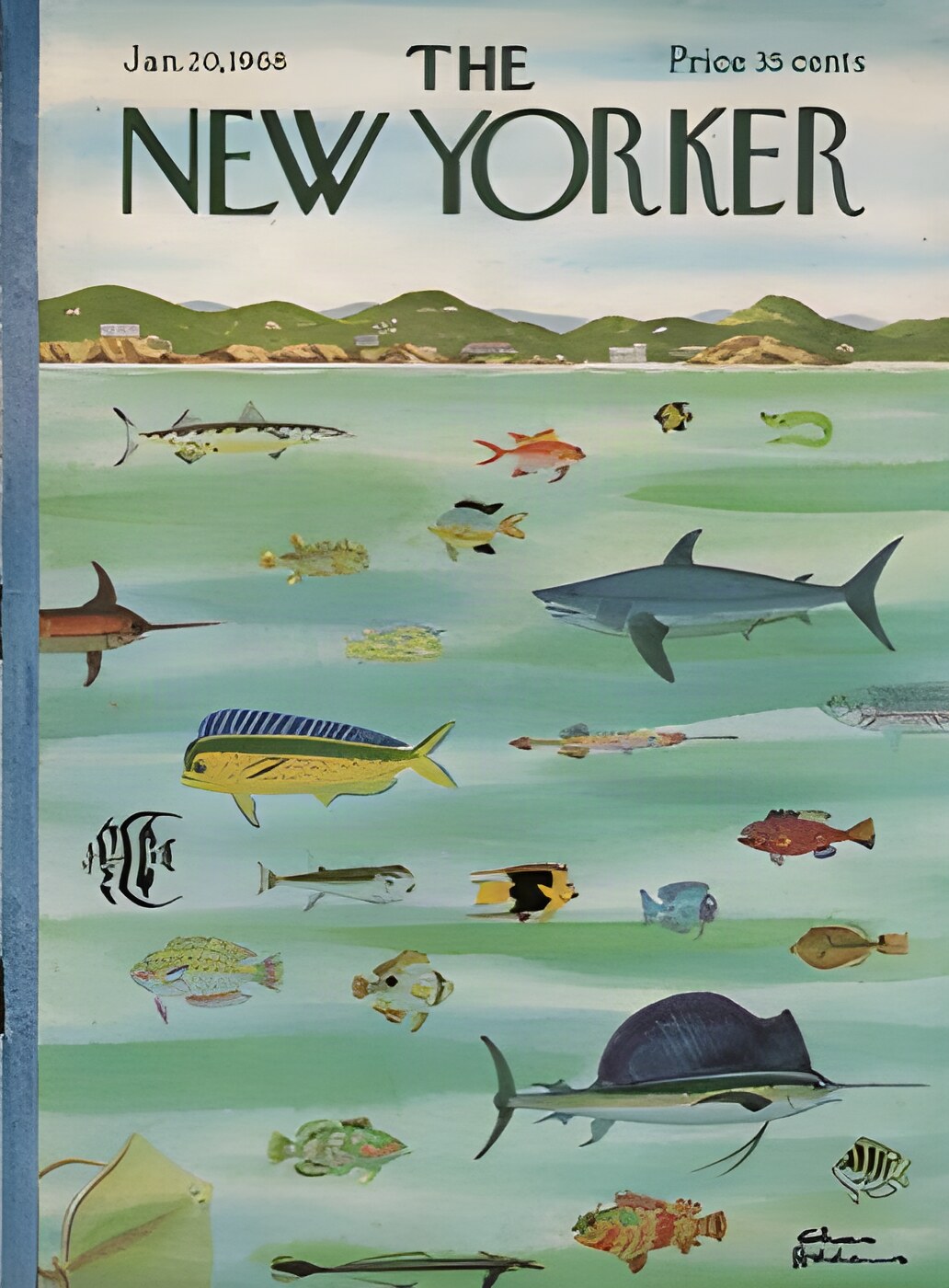 ORIGINAL VINTAGE MAGAZINE COVER:  New Yorker Jan. 20 1968 - Marine Life     by: Charles Addams (Illust.)