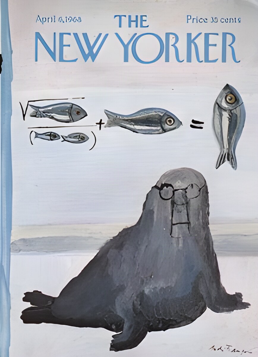 ORIGINAL VINTAGE MAGAZINE COVER:  New Yorker April 6 1968 - Seal math    by: Andre Francois (Illust.)
