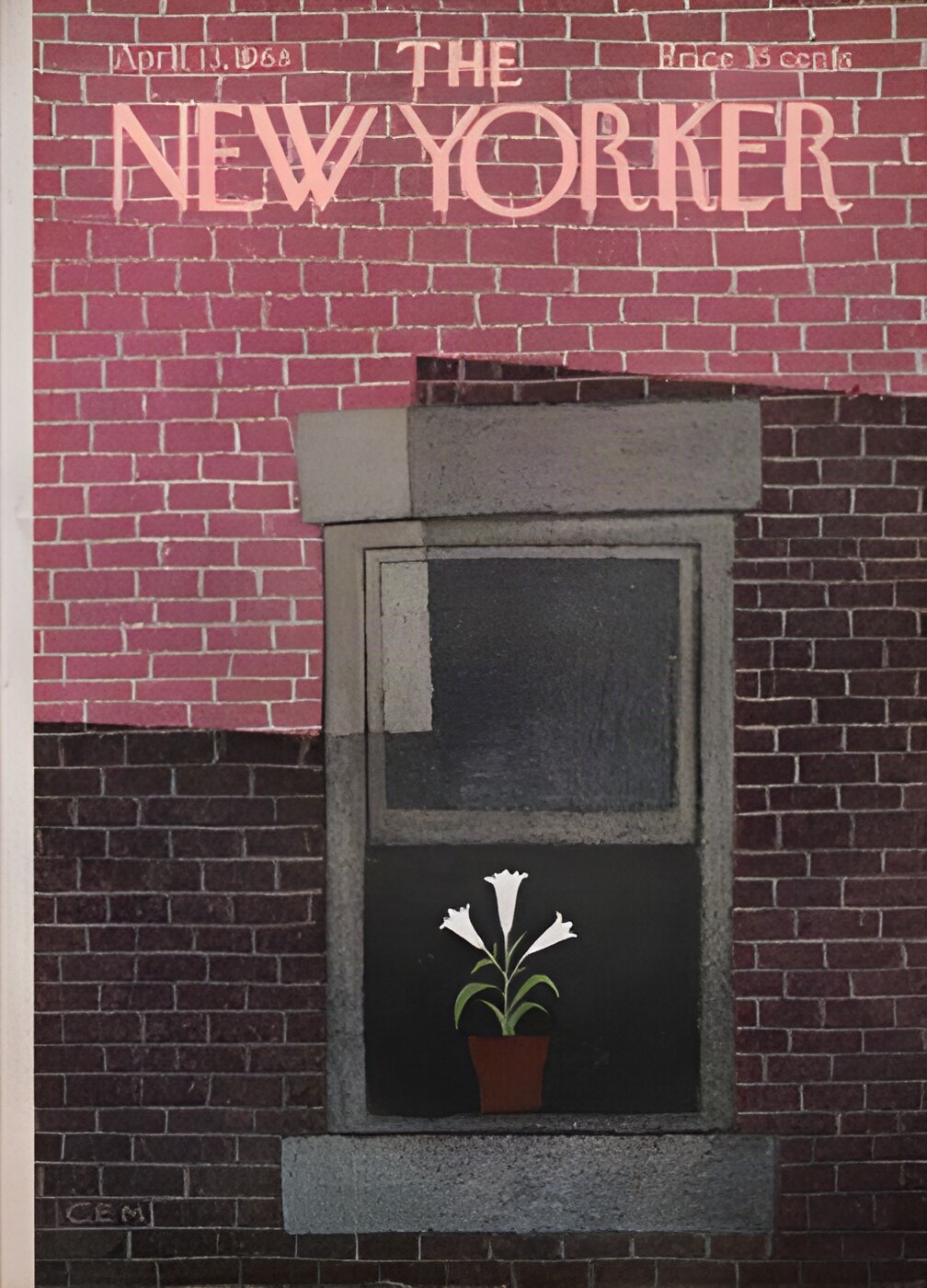 ORIGINAL VINTAGE MAGAZINE COVER:  New Yorker April 13 1968 Flower pot in window    by: Charles E. Martin (Illust.)