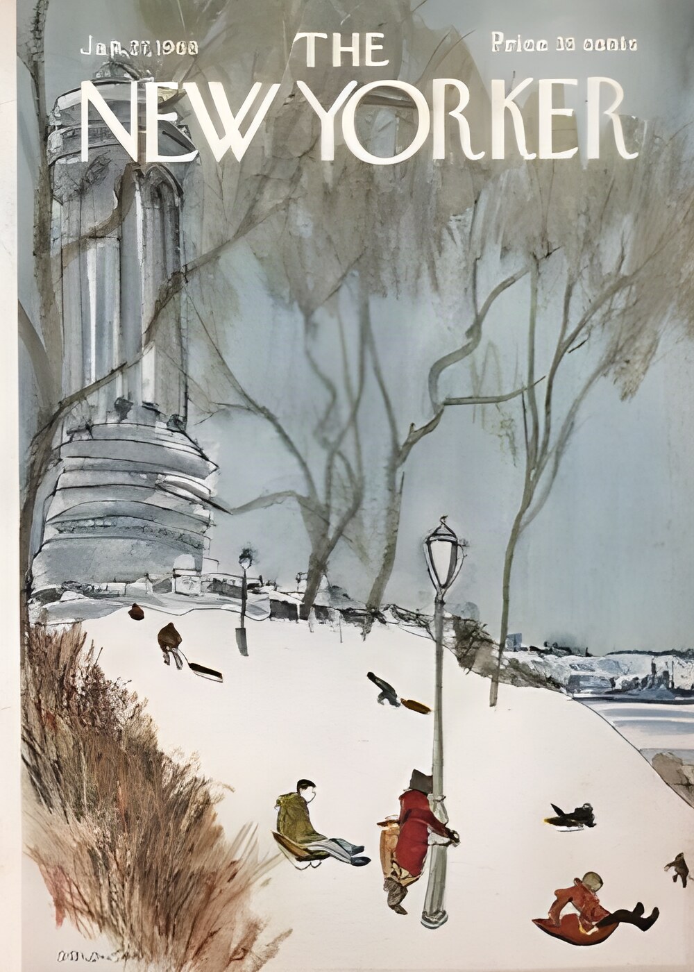ORIGINAL VINTAGE MAGAZINE COVER:  New Yorker Jan. 27 1968 - Snow sledding     by: James Stevenson (Illust.)