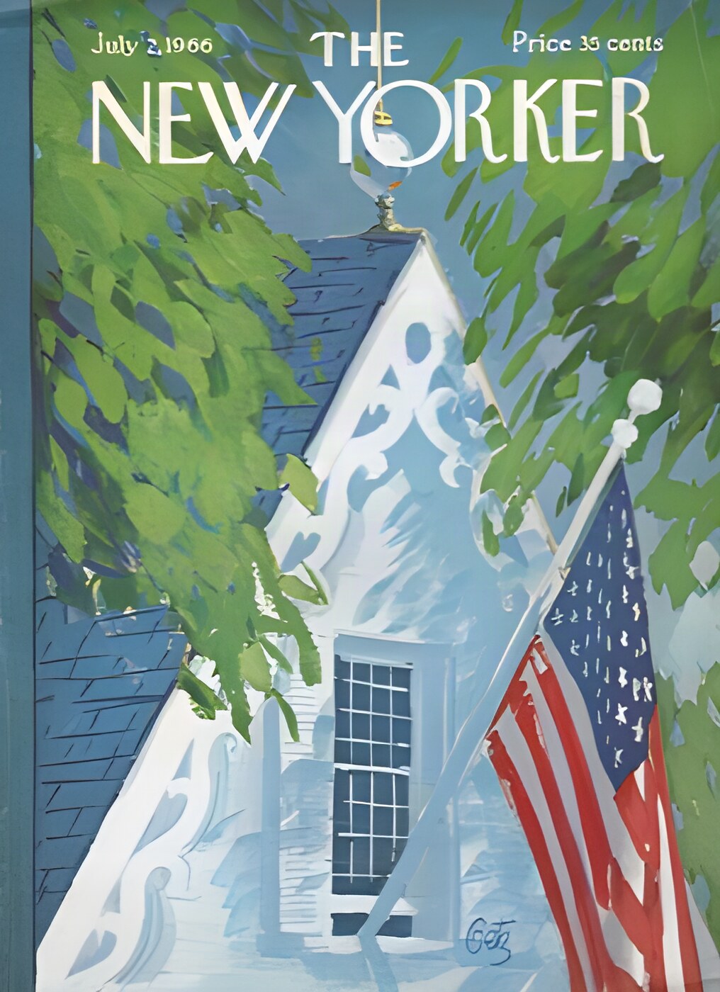 ORIGINAL VINTAGE MAGAZINE COVER:  New Yorker July 2 1966 - Flag flying     by: Arthur Getz (Illust.)
