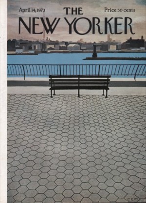 ORIGINAL VINTAGE MAGAZINE COVER: New Yorker April 14 1973 - Bench by waterfrontby: Charles E. Martin (Illust.)