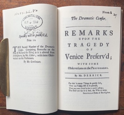 The Dramatic Censor; Remarks upon the Tragedy of Venice Preserv'd (1752)by: Samuel Derrick