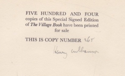 The Village Book (SIGNED COPY)by: Williamson, Henry