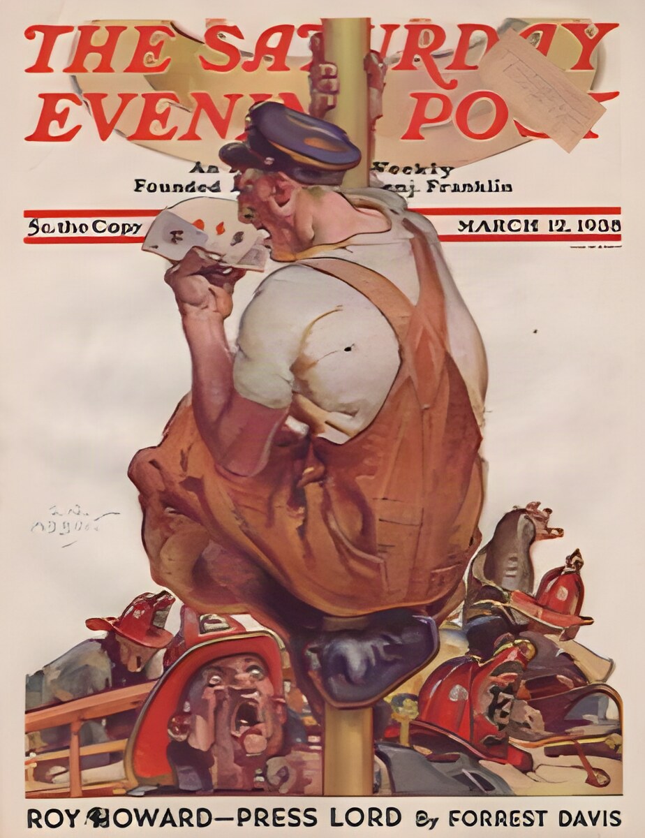 ORIG VINTAGE MAGAZINE COVER/ SATURDAY EVENING POST - MARCH 12 1938 - Firemanby: Abbott (Illust.), S.N.