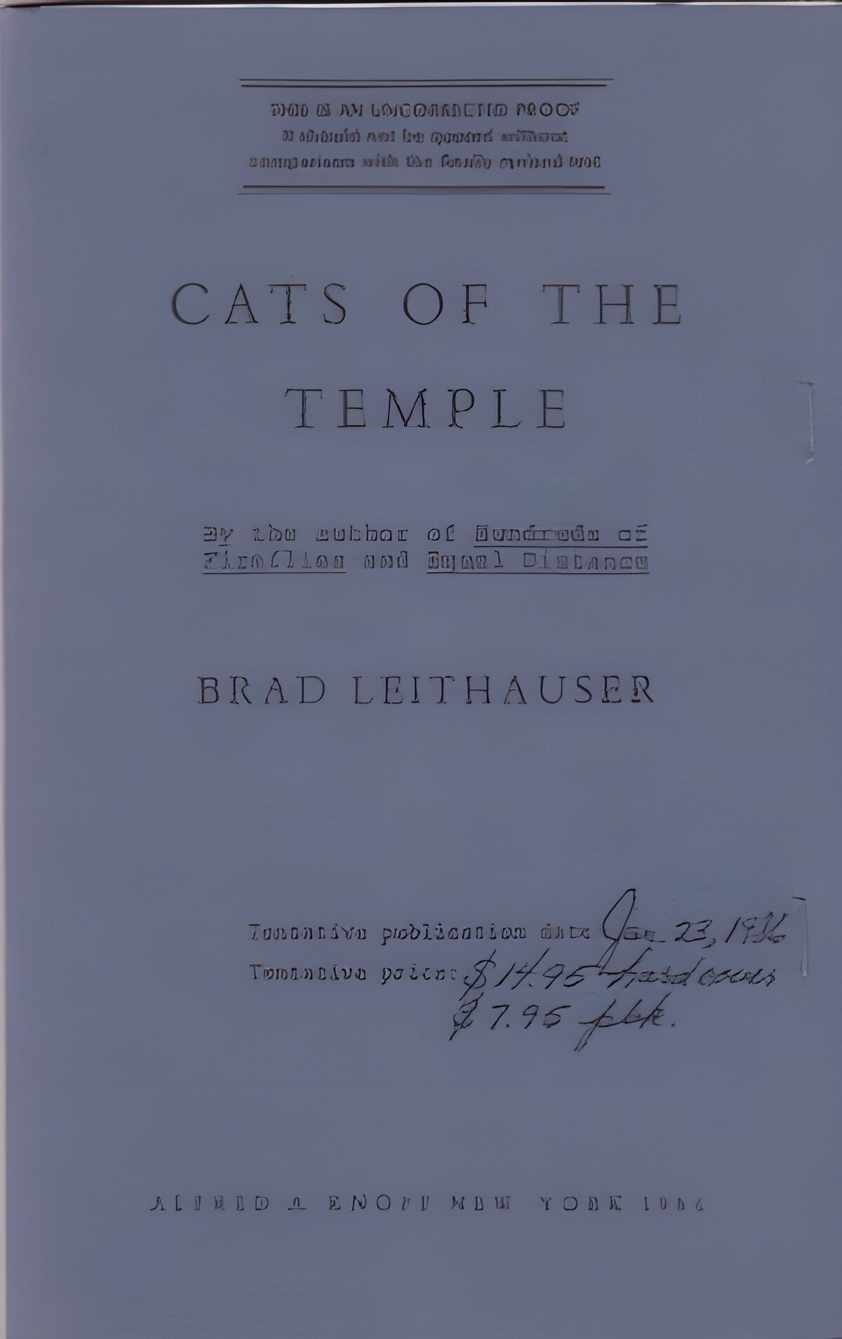 Cats of the Temple by: Leithauser, Brad 