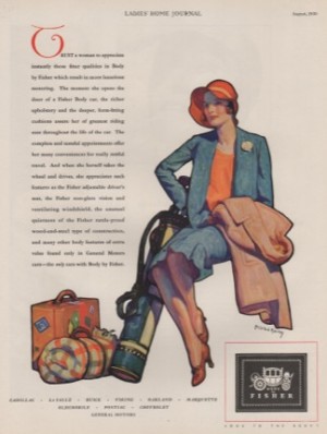ORIG VINTAGE 1930 BODY BY FISHER CAR AD: Lady with luggageby: Barclay (Illust.), McClelland