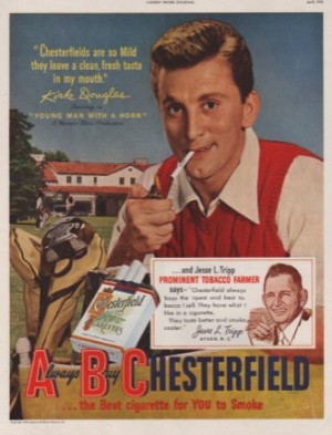 ORIG VINTAGE 1950 CHESTERFIELD CIGARETTES AD: Kirk Douglas in Young Man With a Hornby: Douglas, Kirk
