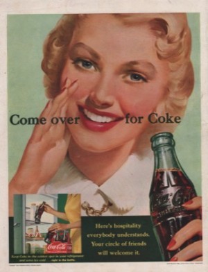 ORIG VINTAGE 1951 COCA COLA AD: Close-up of woman holding a Coke bottleby: Sundblom (Illust.), Haddon