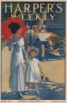 ORIG VINTAGE MAGAZINE COVER: Harper's Weekly April 1 1911 - Mother and Daughter strolling beachby: W.H.D. Koerner