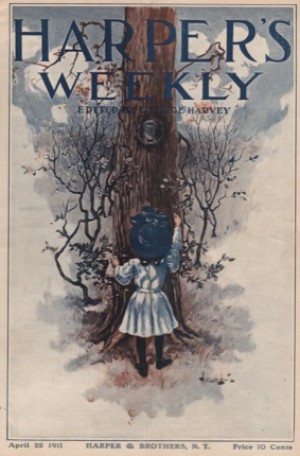 ORIG VINTAGE MAGAZINE COVER: Harper's Weekly April 22 1911 - Girl offering nut to squirrel in treeby: Arthur Dove