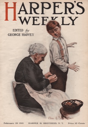 ORIG VINTAGE MAGAZINE COVER: Harper's Weekly February 22 1913 - Grandmother mending boy's pantsby: Chas. A. MacLellan