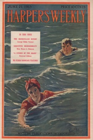 ORIG VINTAGE MAGAZINE COVER: Harper's Weekly June 21 1913 - Couple swimming in waterby: Power O'Malley