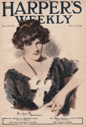 ORIG VINTAGE MAGAZINE COVER: Harper's Weekly June 28 1913 - Portrait of brunette woman in summer blouse.by: R. M. Crosby
