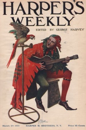ORIG VINTAGE MAGAZINE COVER: Harper's Weekly March 29 1913 - Jester serenading parrot by: C.F. Nash