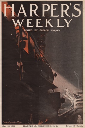 ORIG VINTAGE MAGAZINE COVER: Harper's Weekly May 13 1911 - Train approaching crossing with horse rearing on trackby: William Hernden Foster