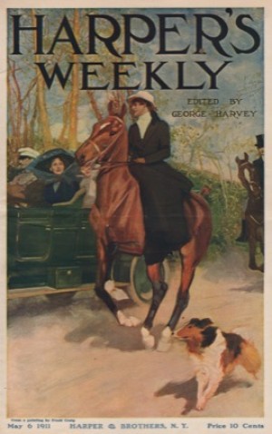 ORIG VINTAGE MAGAZINE COVER: Harper's Weekly May 6 1911 - Woman on horse galloping beside carby: Frank Craig