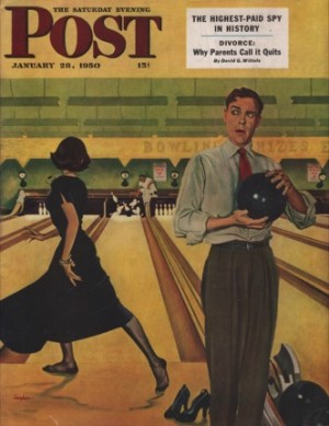 ORIG VINTAGE MAGAZINE COVER: Saturday Evening Post - January 28 1950/Couple bowlingby: George Hughes