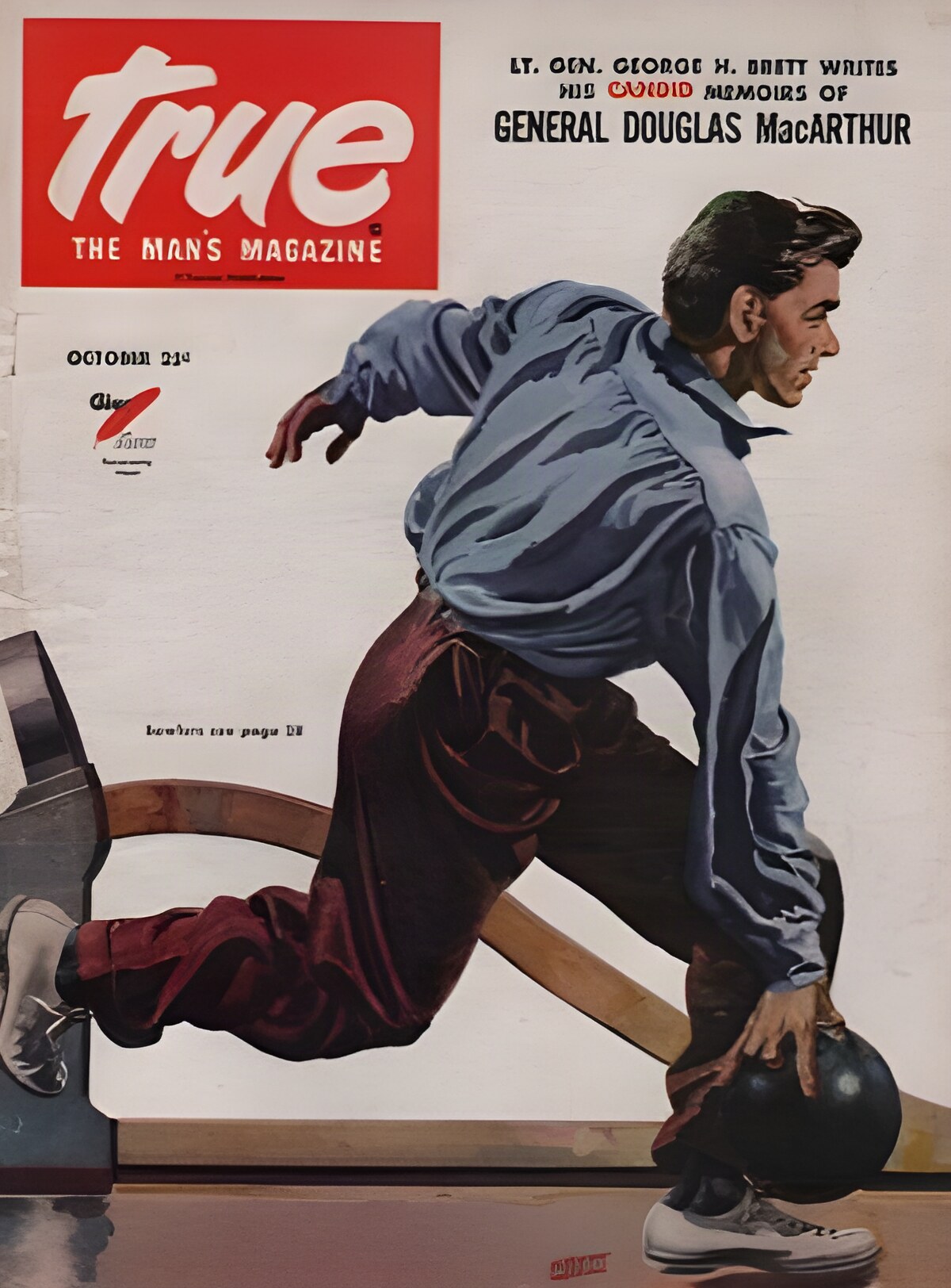 ORIG VINTAGE MAGAZINE COVER: True the Mans Magazine-October 1950/Man bowlingby: Albert Dorne