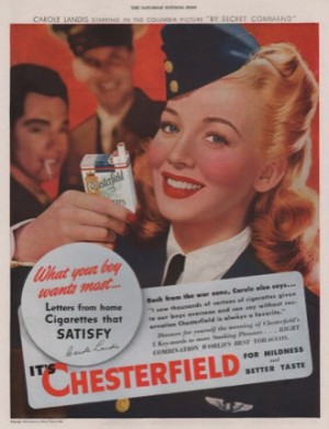 ORIGINAL VINTAGE MAGAZINE AD FOR CHESTERFIELD CIGARETTES: Carole Landisby: N/A