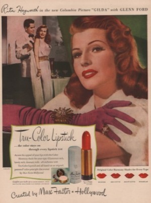 ORIGINAL VINTAGE MAGAZINE AD FOR MAX FACTOR: Rita Hayworth in "Gilda"by: Rita Hayworth