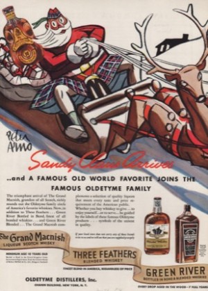 ORIGINAL VINTAGE MAGAZINE AD FOR WHISKEY: "Sandy Claus Arrives"by: Peter Arno (Illust.)